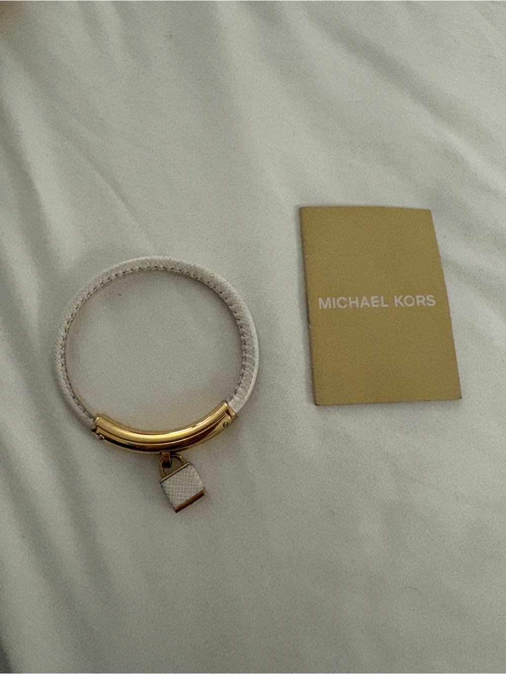 Michael Kors White Leather Bracelet with Gold Padlock Accent